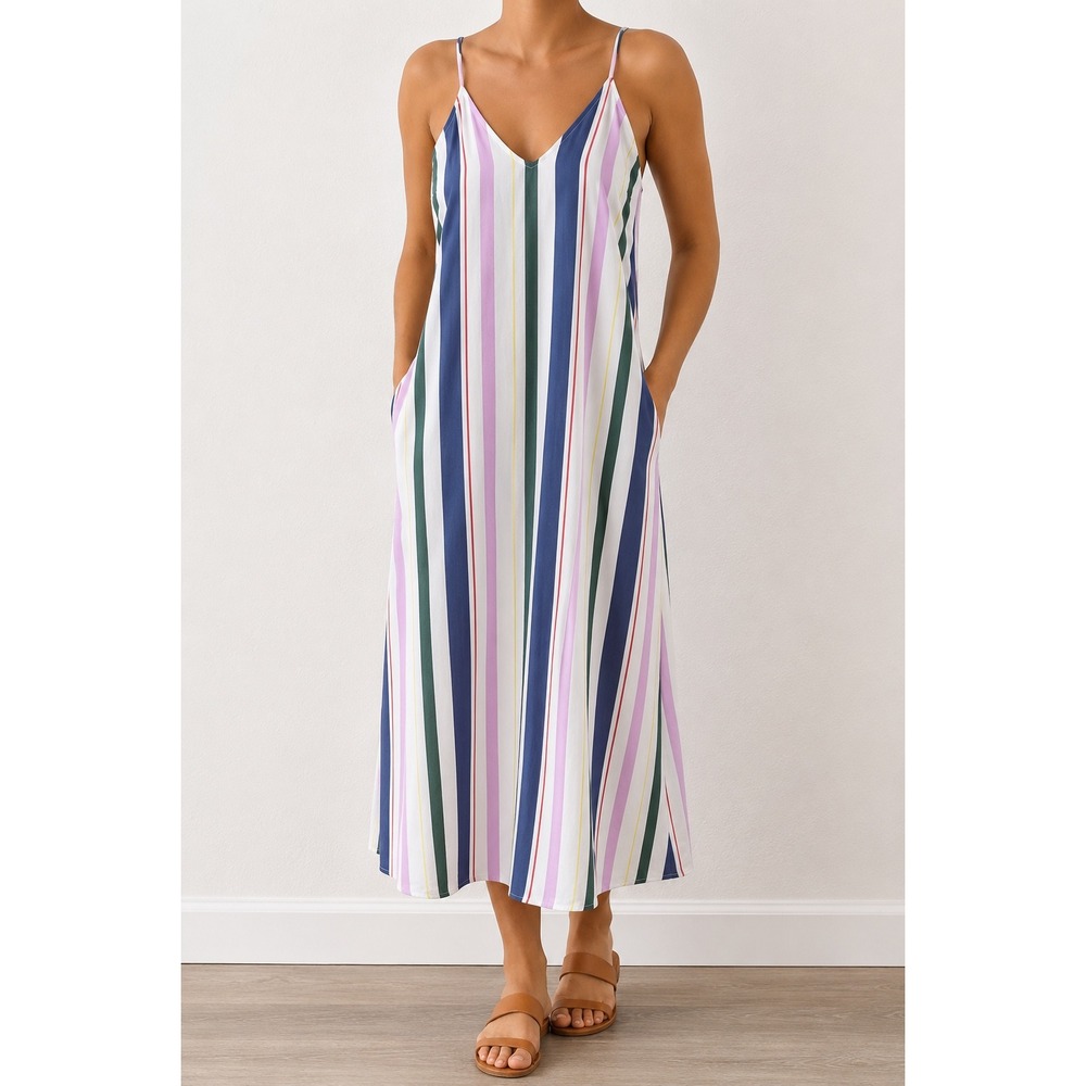 Old Navy Womens Striped V-Neck Cami Midi Dress Multi Color Rayon Size M